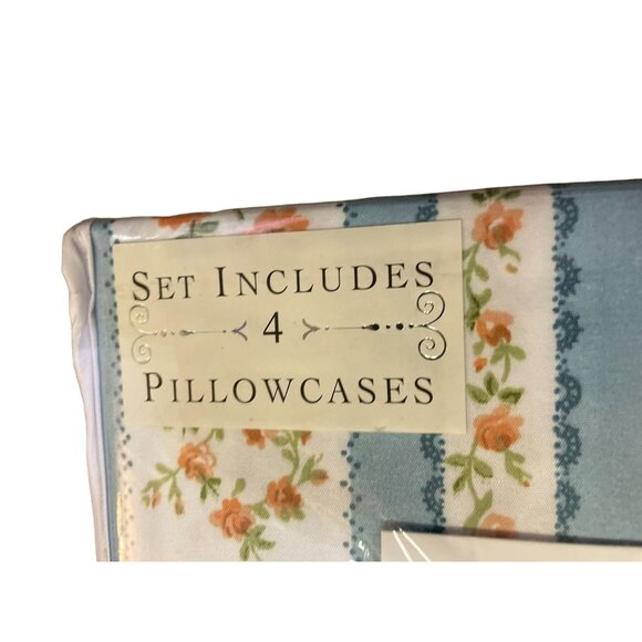 Shabby Chic Sheet Set NEW Full Floral 6 Piece Set Blue Stripe with Orange Flower - Picture 5 of 16